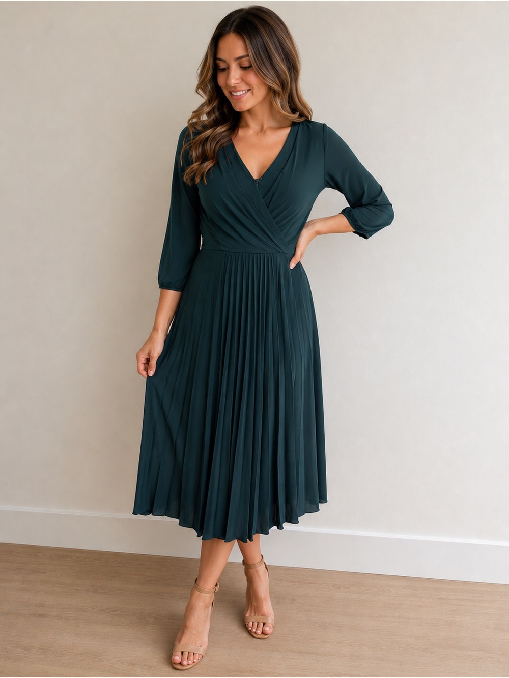 BCBGMaxAzria Teal Wrap Pleated Midi Dress